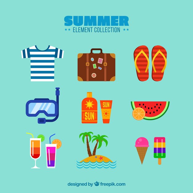 Conjunto de elementos de verano con comida y ropa en estilo plano