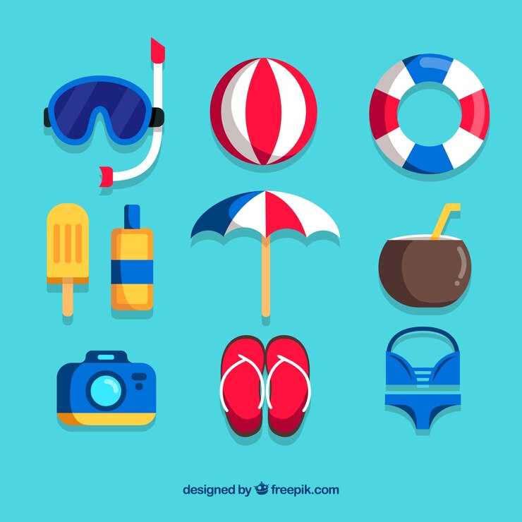 Vector gratuito conjunto de elementos de verano con comida y ropa en estilo plano