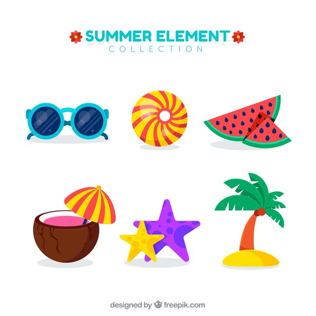 Conjunto de elementos de verano con comida y ropa en estilo plano