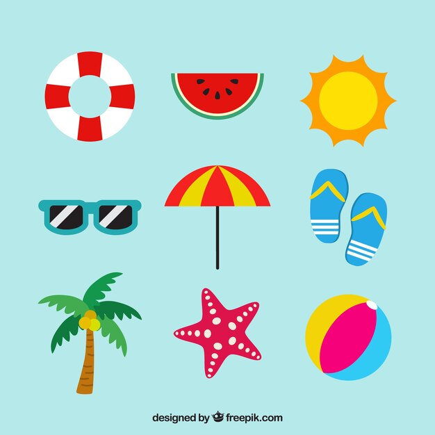 Conjunto de elementos de verano con comida y ropa en estilo plano