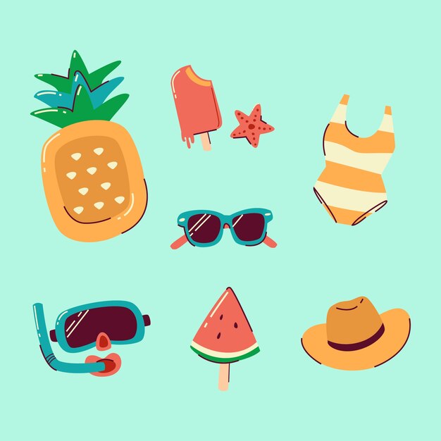 Conjunto de elementos de verano dibujado a mano