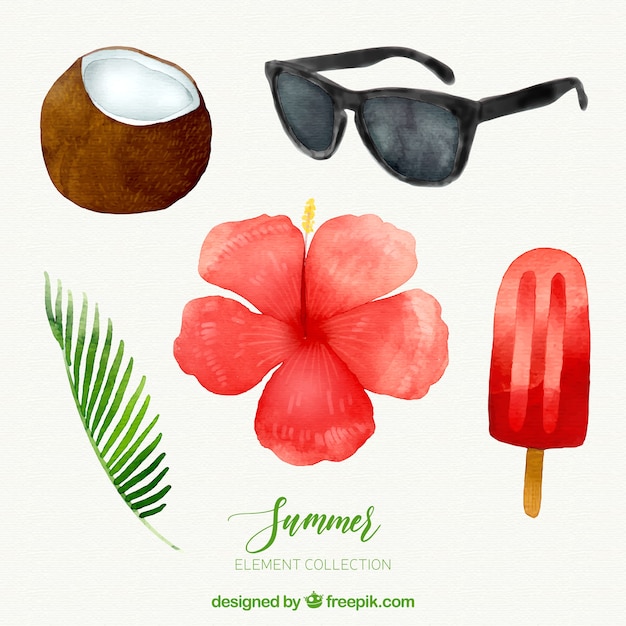 Vector gratuito conjunto de elementos de verano en estilo acuarela