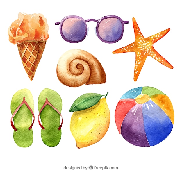 Conjunto de elementos de verano en estilo acuarela