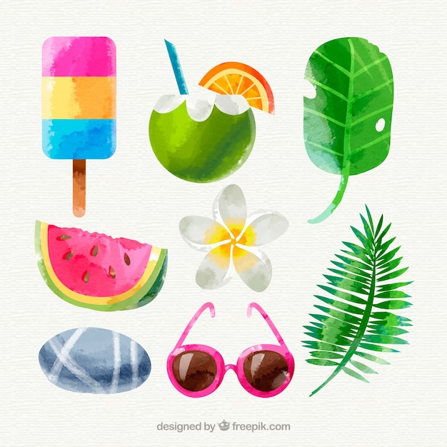 Vector gratuito conjunto de elementos de verano en estilo acuarela