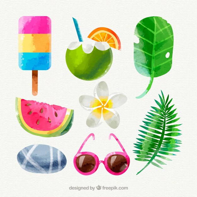 Conjunto de elementos de verano en estilo acuarela