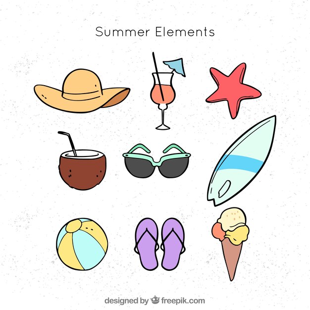 Conjunto de elementos de verano en estilo dibujado a mano