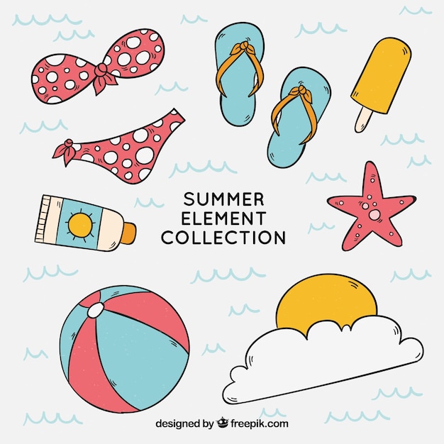 Conjunto de elementos de verano en estilo dibujado a mano.
