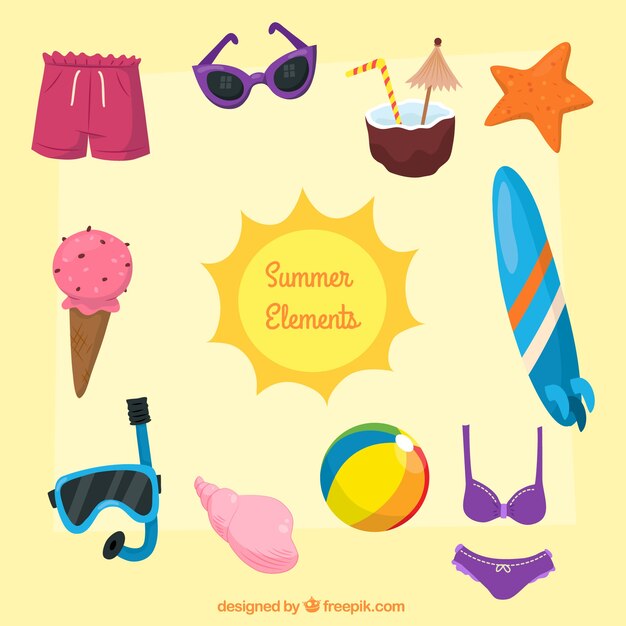Conjunto de elementos de verano en estilo dibujado a mano.