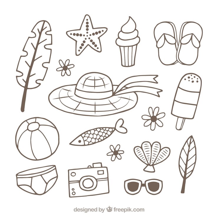 Vector gratuito conjunto de elementos de verano en estilo dibujado a mano.