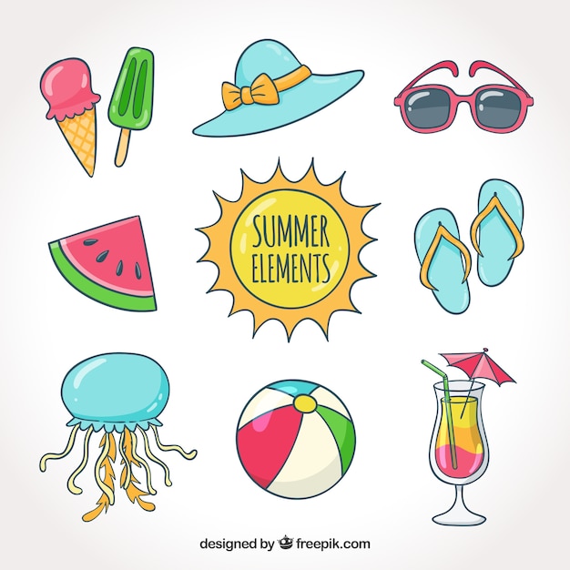 Vector gratuito conjunto de elementos de verano en estilo hecho a mano