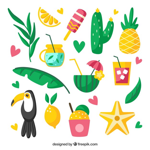 Conjunto de elementos de verano con frutas y comida en estilo plano