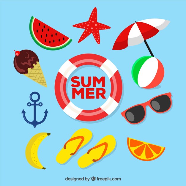 Conjunto de elementos de verano con frutas y comida en estilo plano