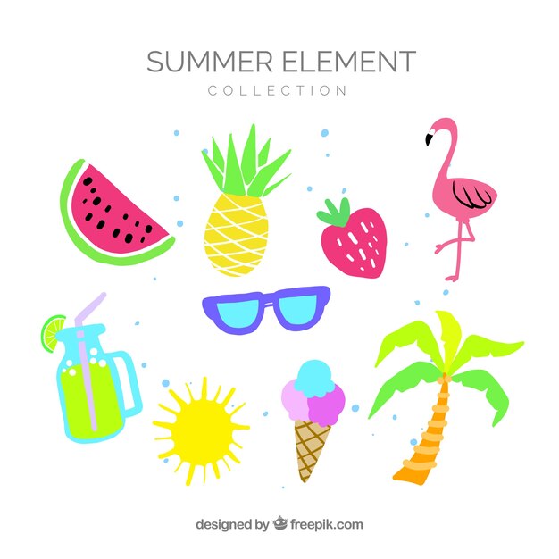 Conjunto de elementos de verano con frutas y comida en estilo plano