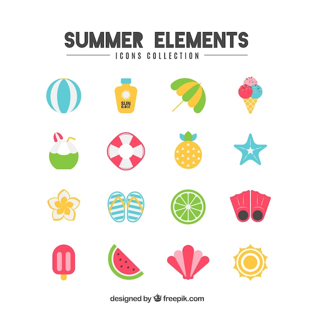 Vector gratuito conjunto de elementos de verano con iconos planos