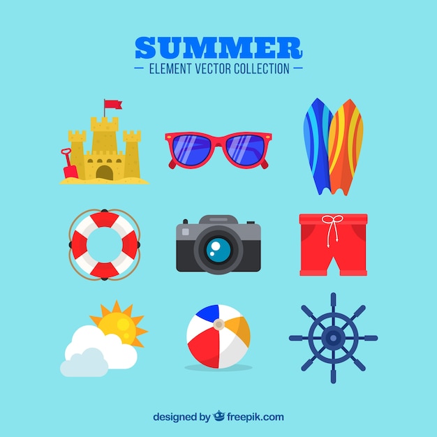 Vector gratuito conjunto de elementos de verano con ropa en estilo plano