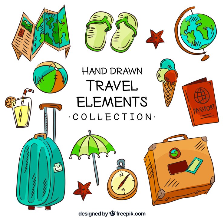 Vector gratuito conjunto de elementos de viaje en estilo hecho a mano