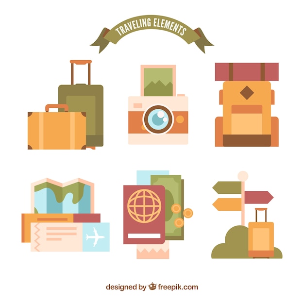 Conjunto de elementos de viaje en estilo plano