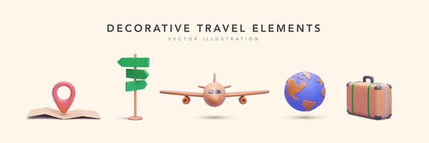 Conjunto de elementos de viaje en estilo realista mapa señal de tráfico avión planeta maleta ilustración vectorial