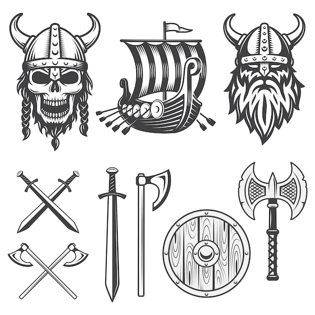 Vector gratuito conjunto de elementos vikingos monocromos aislado sobre fondo blanco.