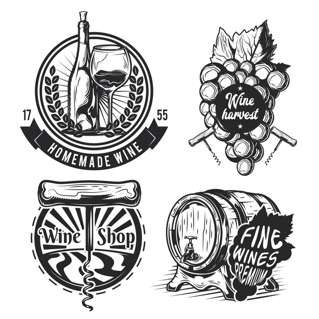 Conjunto de elementos de vinificación (barril, uvas, botella, etc.) emblemas, etiquetas, insignias, logotipos.