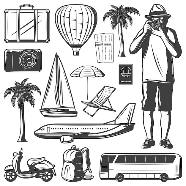 Vector gratuito conjunto de elementos vintage de vacaciones y viajes