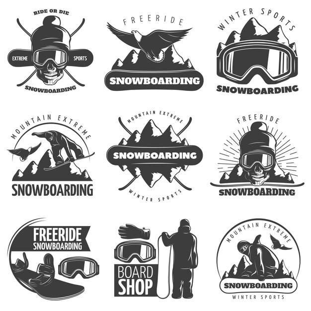 Conjunto de emblema de snowboard aislado negro con títulos de paseo o morir libre de paseo deportes de invierno montaña extrema y tienda de tabla ilustración vectorial