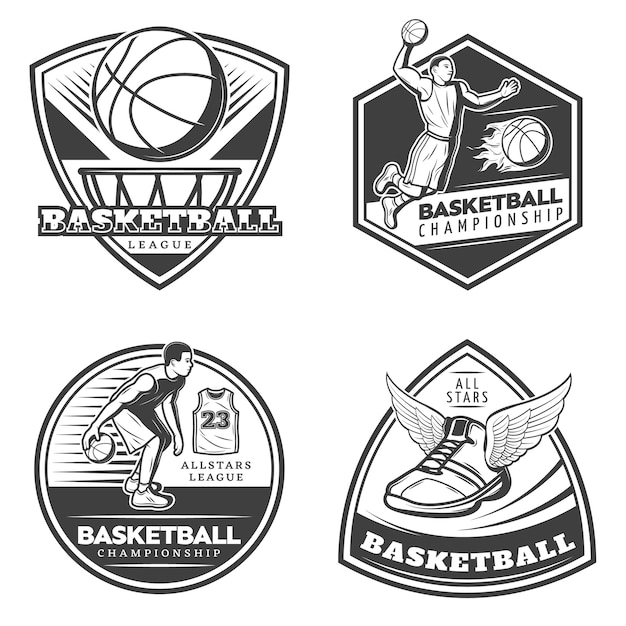 Vector gratuito conjunto de emblemas de baloncesto vintage