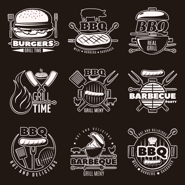 Conjunto de emblemas de barbacoa monocromo