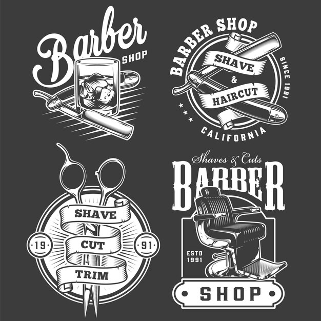 Conjunto de emblemas de barbería monocromo