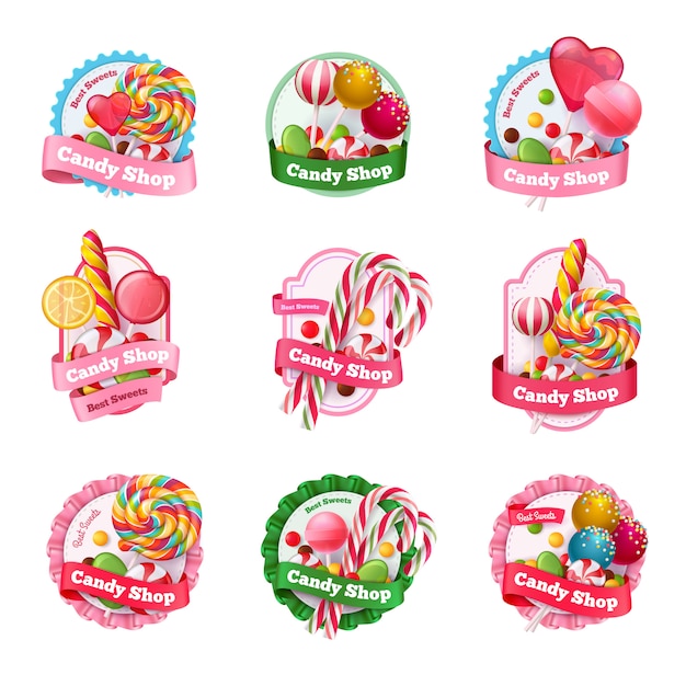 Vector gratuito conjunto de emblemas de candy shop