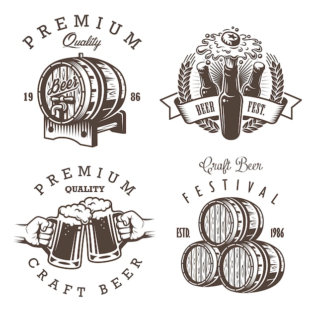 Vector gratuito conjunto de emblemas de cervecería de cerveza vintage, etiquetas, logotipos, insignias y elementos diseñados. estilo monocromático. aislado sobre fondo blanco