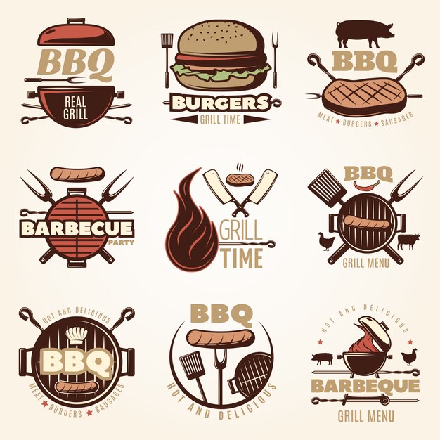 Conjunto de emblemas coloridos de barbacoa