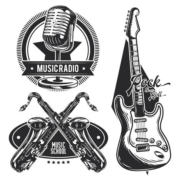 Vector gratuito conjunto de emblemas de diferentes instrumentos musicales.