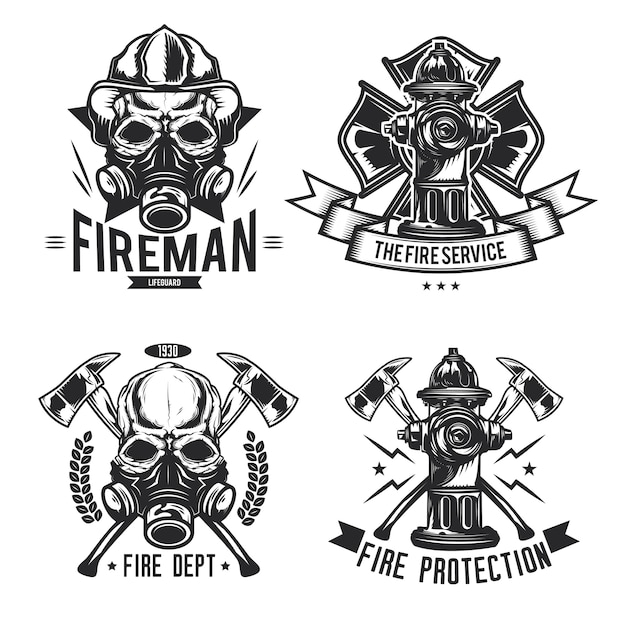 Conjunto de emblemas de elementos de bombero, etiquetas, insignias, logotipos.