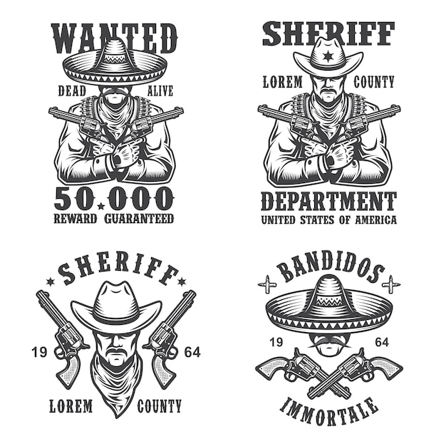 Conjunto de emblemas, etiquetas, insignias, logotipos y mascotas de sheriff y bandidos. Estilo monocromático.