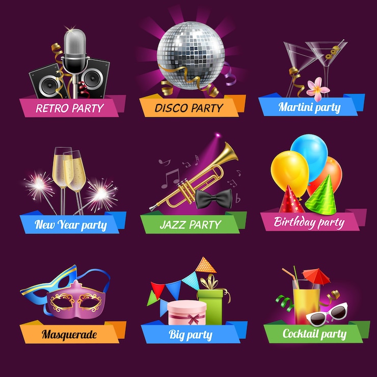 Vector gratuito conjunto de emblemas de fiesta