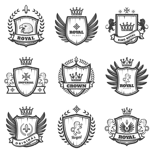Conjunto de emblemas heráldicos monocromos vintage