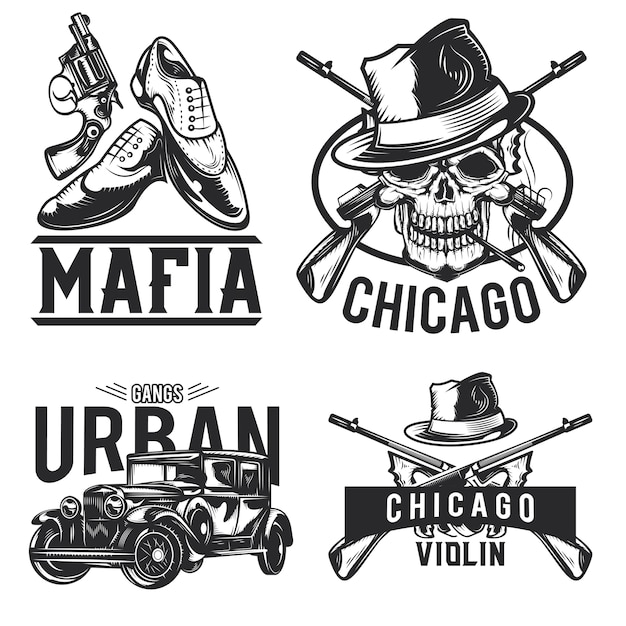 Vector gratuito conjunto de emblemas de la mafia, etiquetas, insignias, logotipos. aislado en blanco