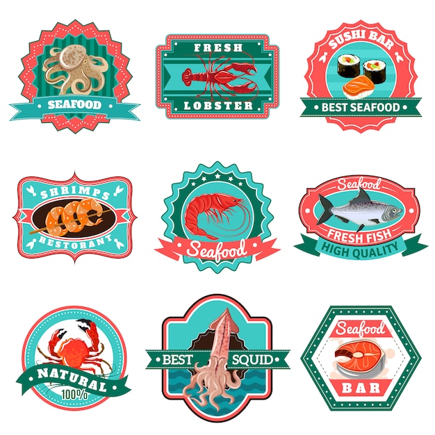 Vector gratuito conjunto de emblemas de mariscos