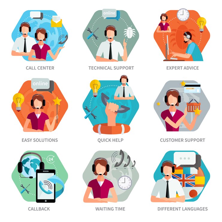 Vector gratuito conjunto de emblemas planos de atención al cliente.