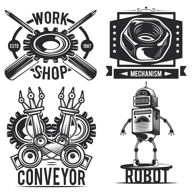 Vector gratuito conjunto de emblemas de robots vintage