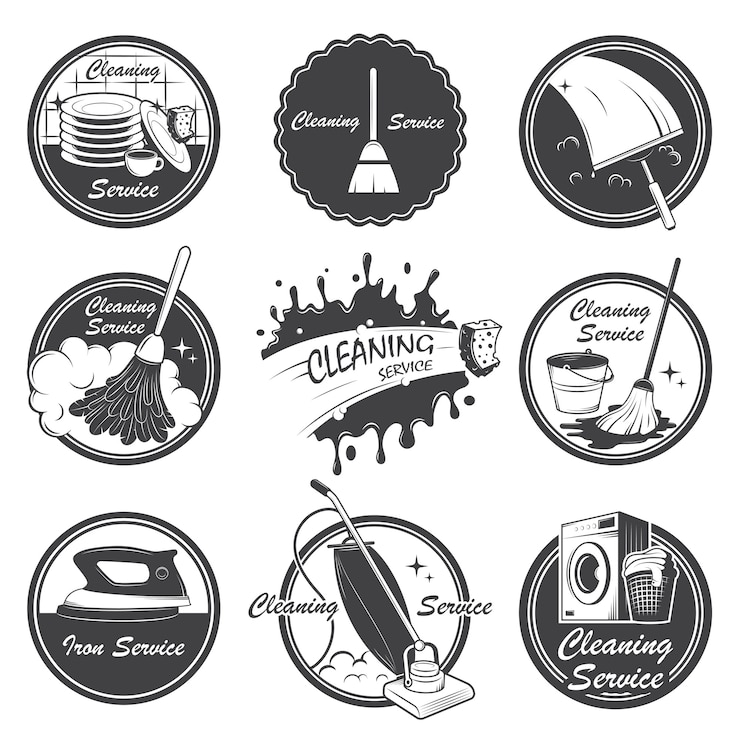 Vector gratuito conjunto de emblemas de servicio de limpieza, etiquetas y elementos diseñados.
