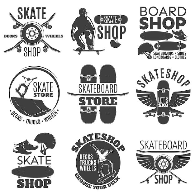 Conjunto de emblemas de la tienda de skateboard vintage