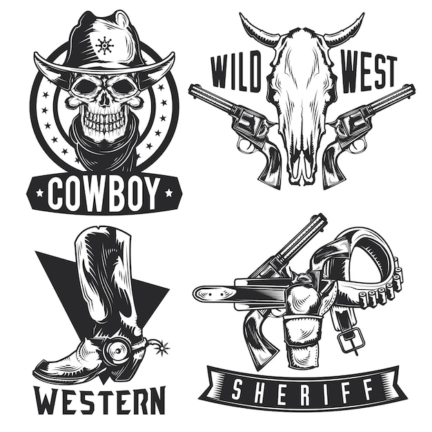 Conjunto de emblemas de vaquero, etiquetas, insignias, logotipos. Aislado en blanco