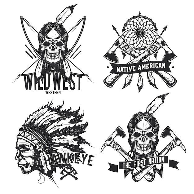 Vector gratuito conjunto de emblemas vintage nativos americanos, etiquetas, insignias, logotipos. aislado en blanco