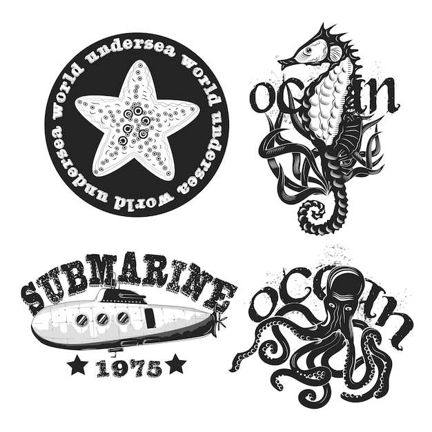 Conjunto de emblemas vintage submarinos aislado en blanco