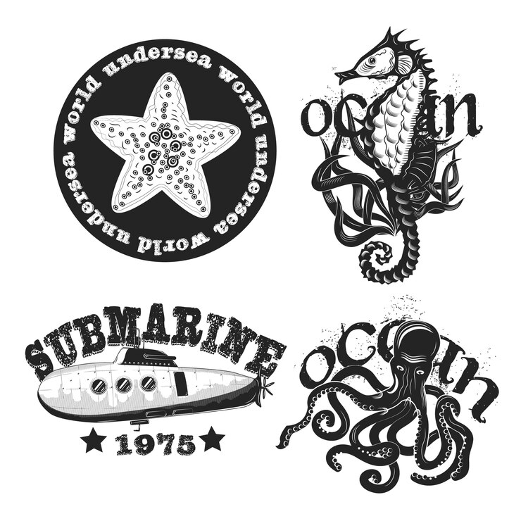 Vector gratuito conjunto de emblemas vintage submarinos aislado en blanco