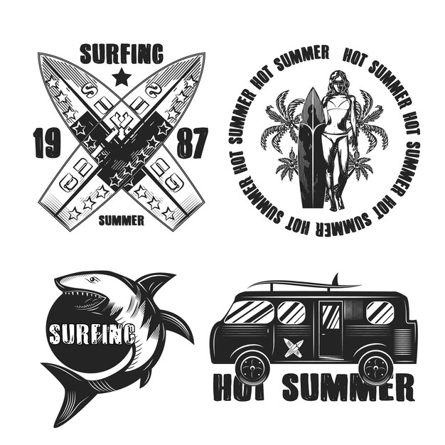 Conjunto de emblemas vintage de surf aislado en blanco