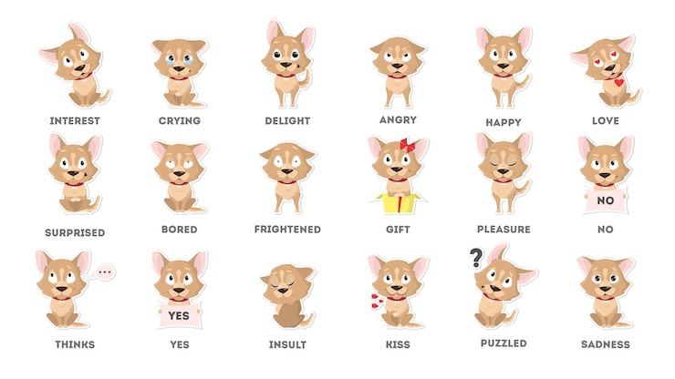 Vector gratuito conjunto de emociones de perro divertido emoji de dibujos animados perro sonriente y enojado triste y deleitado