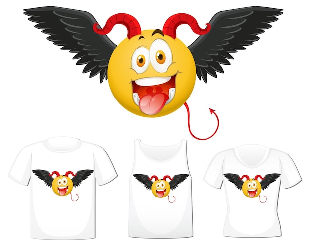 Vector gratuito conjunto de emoticonos de diablo con expresión facial en maqueta de camisa